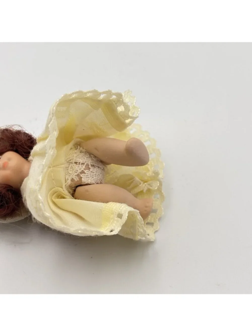 Miniature Porcelain Victorian Doll Christmas Ornament Cream Dress Beaded Hat 2”